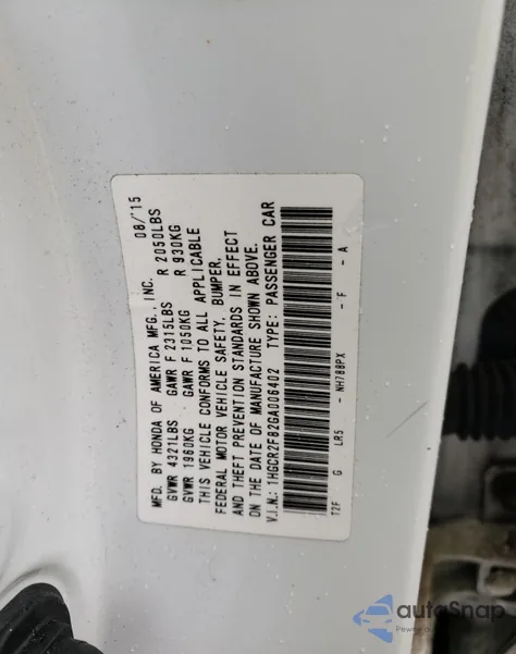 2016 Honda Accord Exl from USA, damaged, VIN 1HGCR2F82GA006402